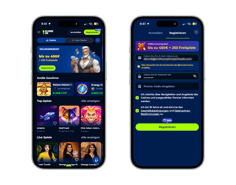 billionaire spin casino mobile screenshot 1